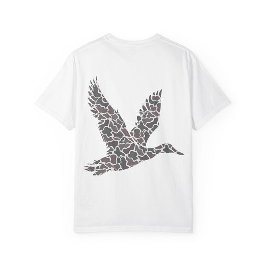 Duck Silhouette T-Shirt — Camo Pattern Back Graphic, Della Pura Customs Chest Script